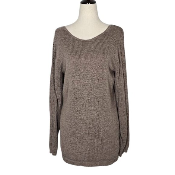 RACHEL ZOE Karla Knit Sweater Taupe Brown Open Stitch Back Cotton Blend Sz Large - Picture 1 of 9